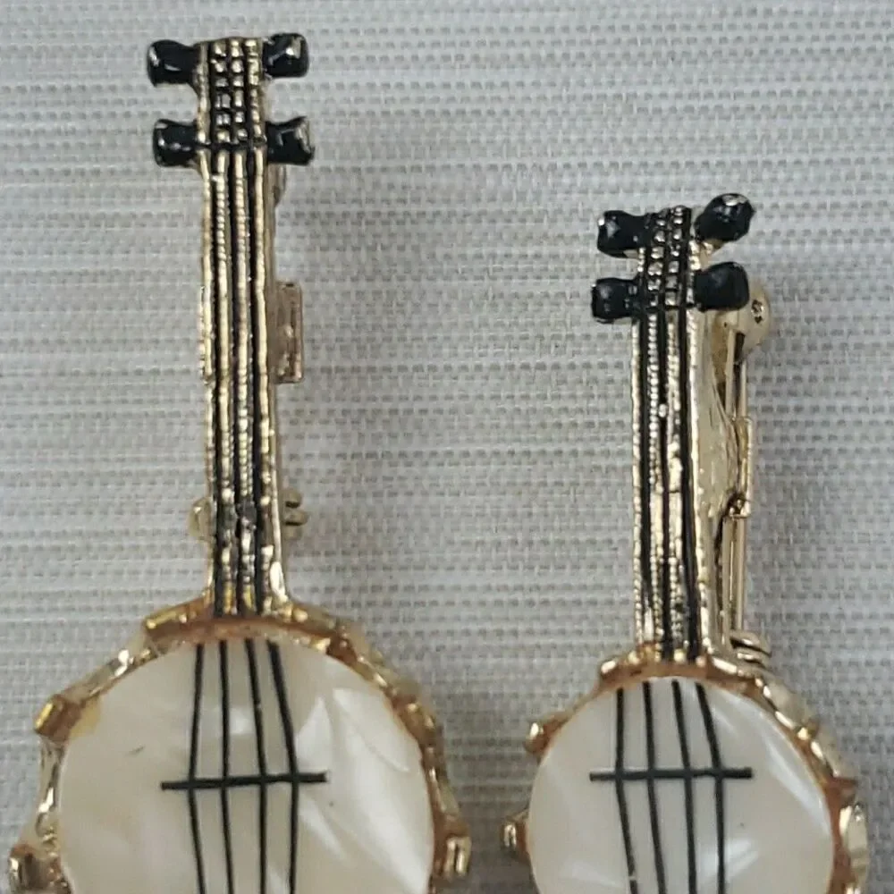VTG Mother of Pearl Banjo Brooch Pins Gold Tone Musician Stringed Instrument MCM